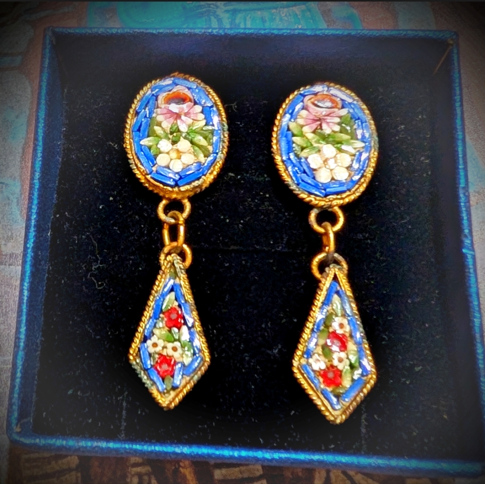 Antique Italian Micromosaic Dangle Earrings - Picture 3 of 6